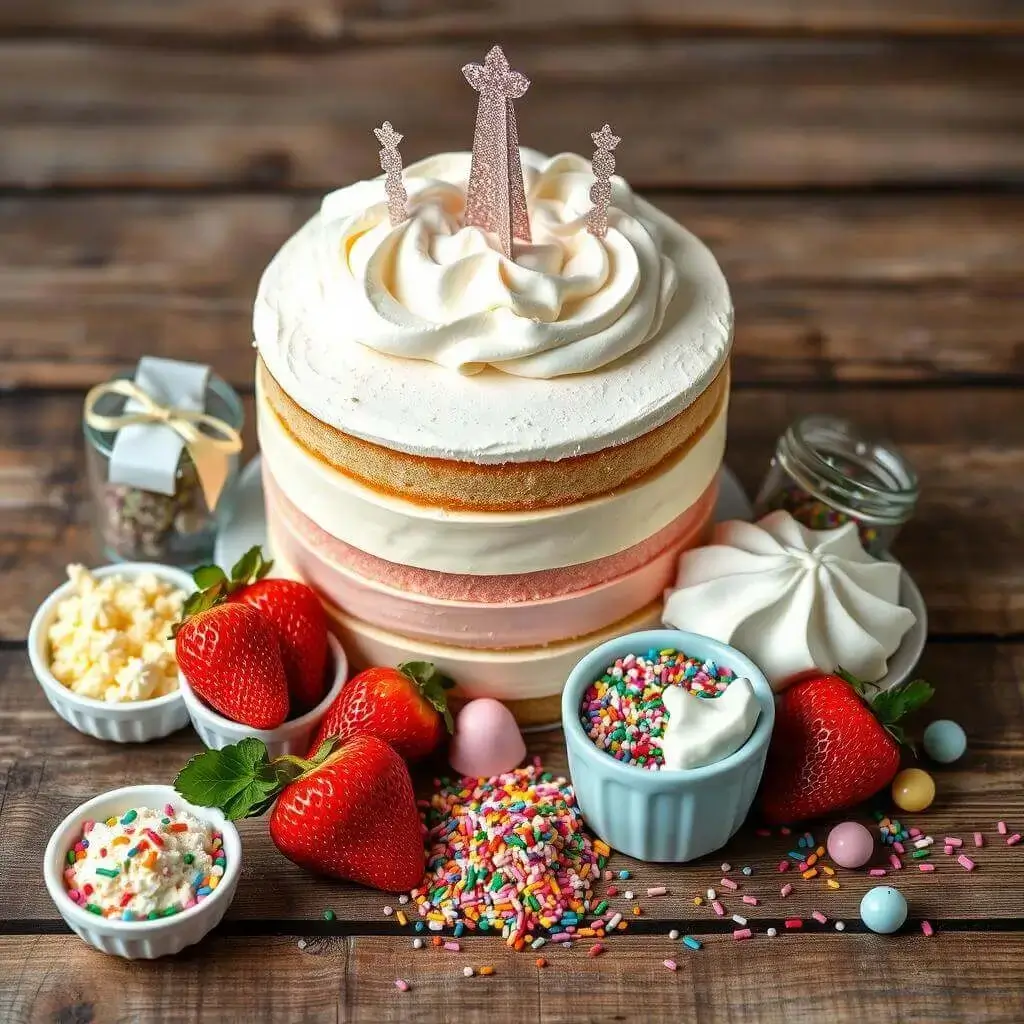 A layered cake with white and pink frosting, topped with star-shaped decorations, surrounded by strawberries, sprinkles, and various toppings on a wooden surface. Princess Cake