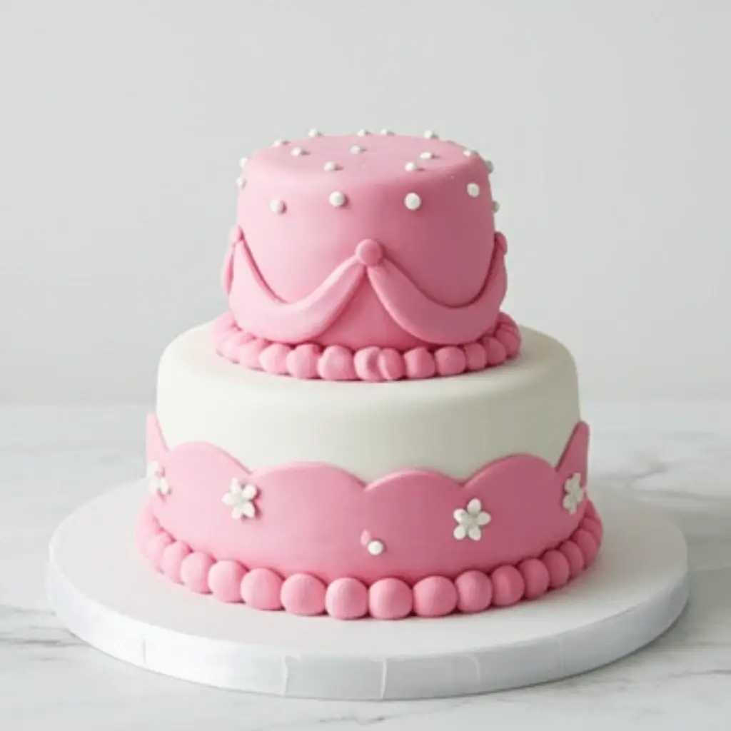 Two-tier pink and white fondant cake with floral and scalloped designs.