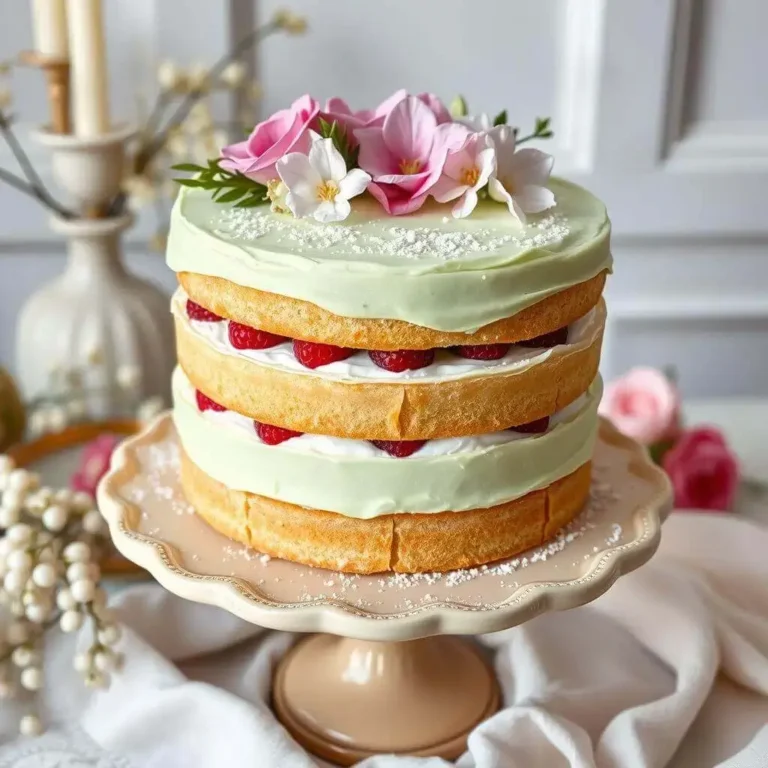 A three-layer cake with green frosting, white cream, and raspberries between the layers, topped with pink and white flowers, displayed on a beige cake stand.