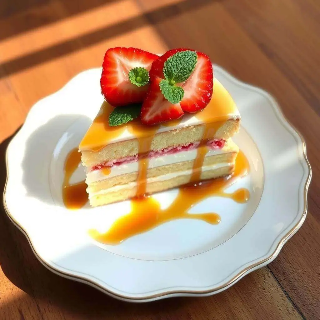 A slice of layered cake with caramel sauce, topped with sliced strawberries and mint leaves, on a white plate. tres leches cake