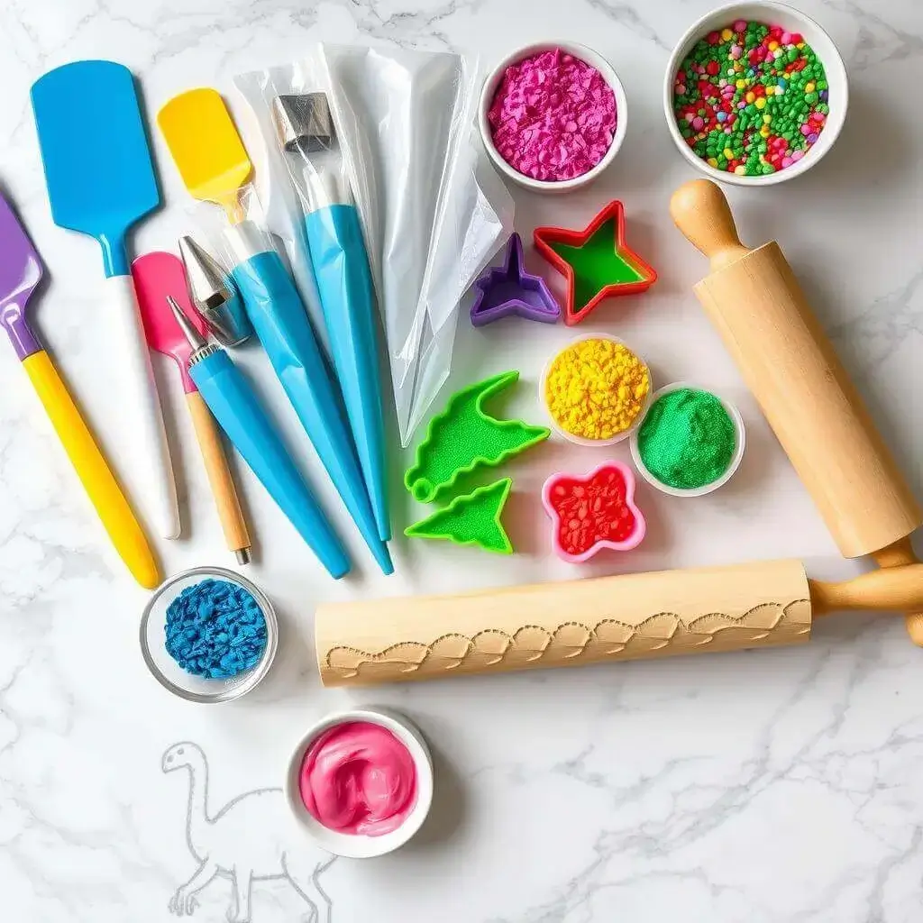 Baking tools and colorful ingredients arranged on a marble surface, including rolling pins, spatulas, piping bags, cookie cutters, and bowls of sprinkles and icing.