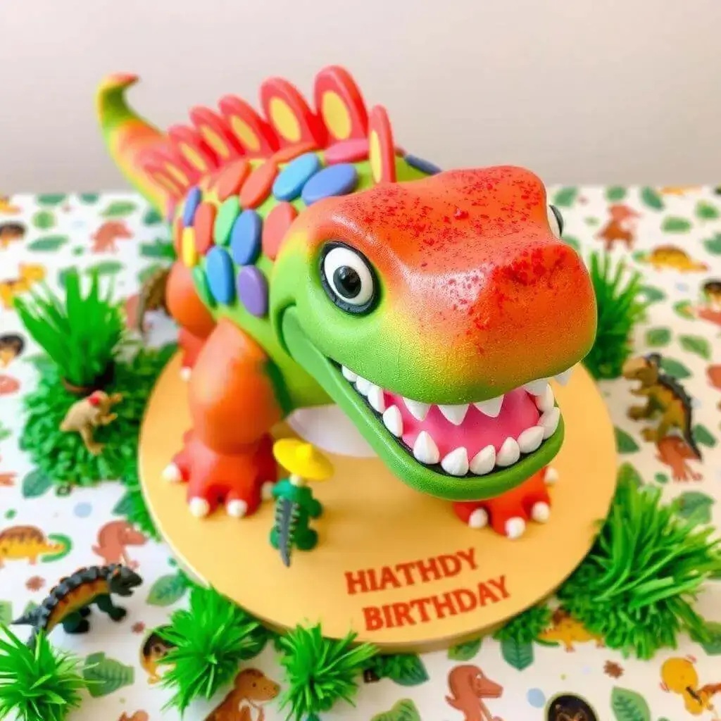 A colorful dinosaur-themed birthday cake with the text "HIATHDY BIRTHDAY" on the base, surrounded by small dinosaur figurines and green foliage decorations.