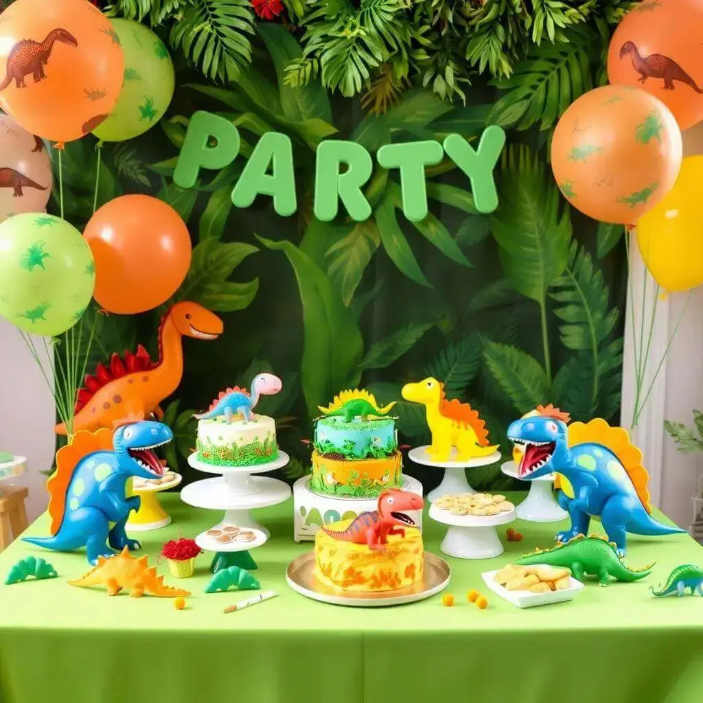 A colorful dinosaur-themed party setup with cakes, balloons, and dinosaur toys.