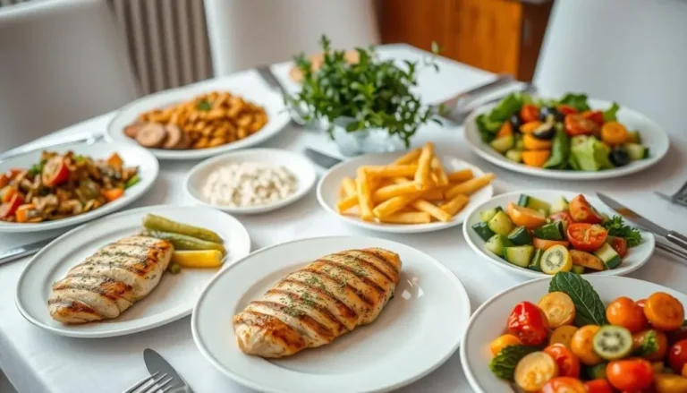 A table set with a variety of healthy dishes including grilled chicken breasts, fresh salads, French fries, and a bowl of rice.