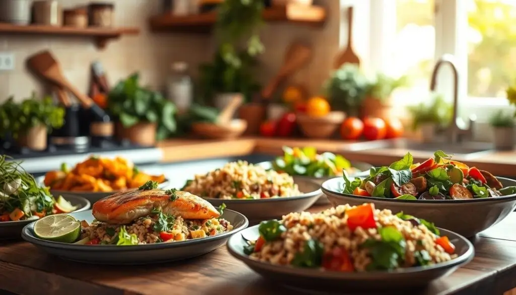 30-minute low-cholesterol meals A variety of healthy low-cholesterol meals featuring grilled salmon, whole grains, and fresh vegetables in a cozy kitchen setting.
