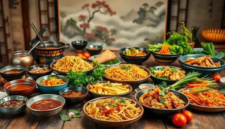 A variety of Asian dishes displayed on a wooden table, including noodles, soups, vegetables, and meats, with a traditional Asian painting in the background.