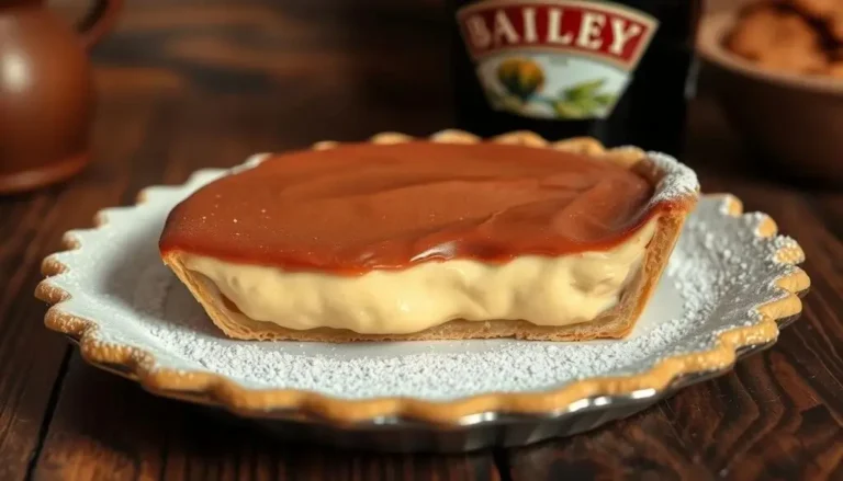 A close-up of a Baileys pie with a creamy filling and caramel topping on a decorative plate.