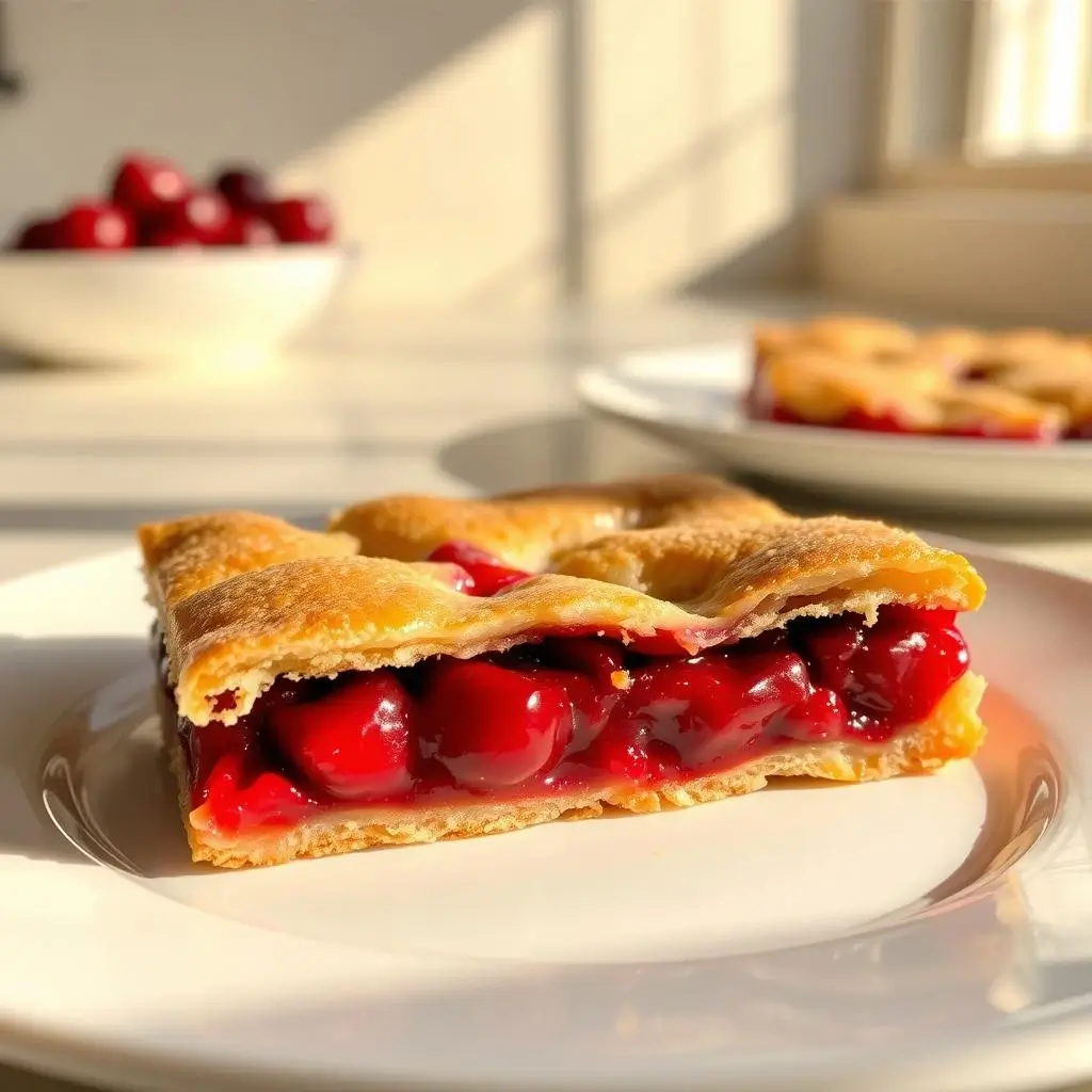 A close-up of a cherry pie bar on a white plate with a bowl of cherries in the background.