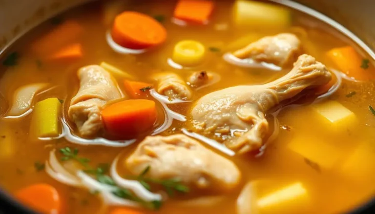 A close-up view of a pot of chicken soup with visible pieces of chicken, carrots, potatoes, and herbs in a clear broth.