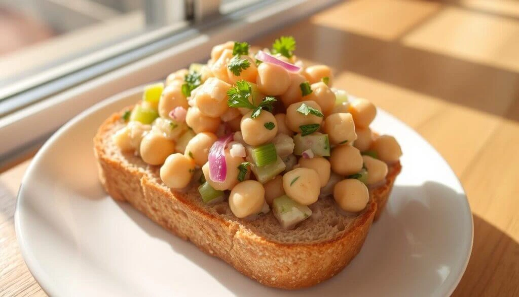 Chickpea salad sandwich - easy vegan lunch ideas A slice of bread topped with a chickpea salad, garnished with parsley, served on a white plate.