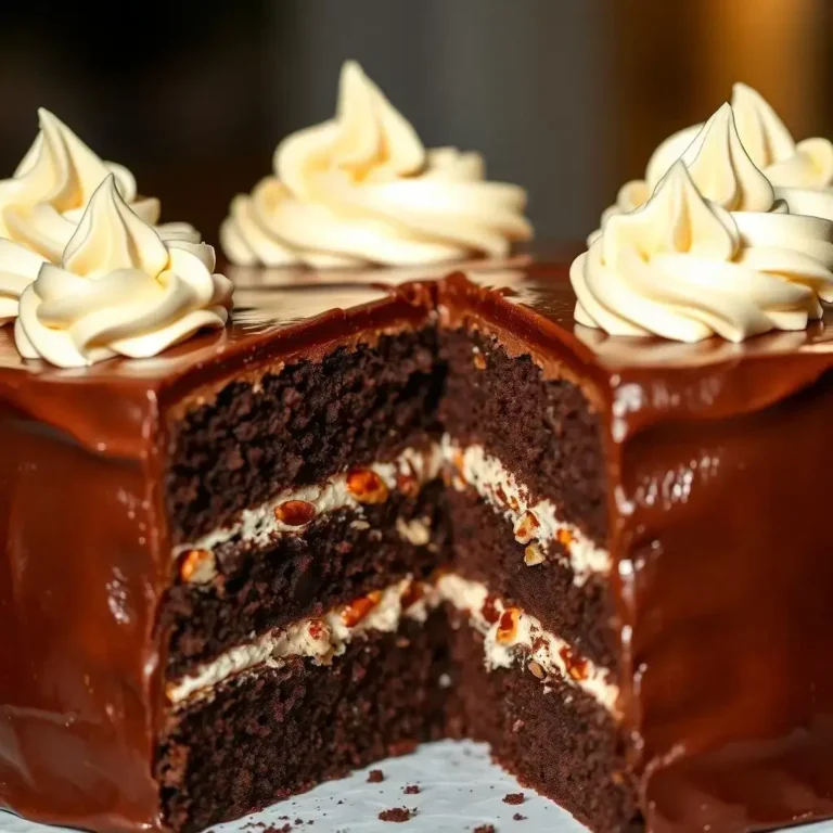 A close-up view of a three-layer German chocolate cake with a slice removed, revealing its dark chocolate layers and cream filling with nuts.