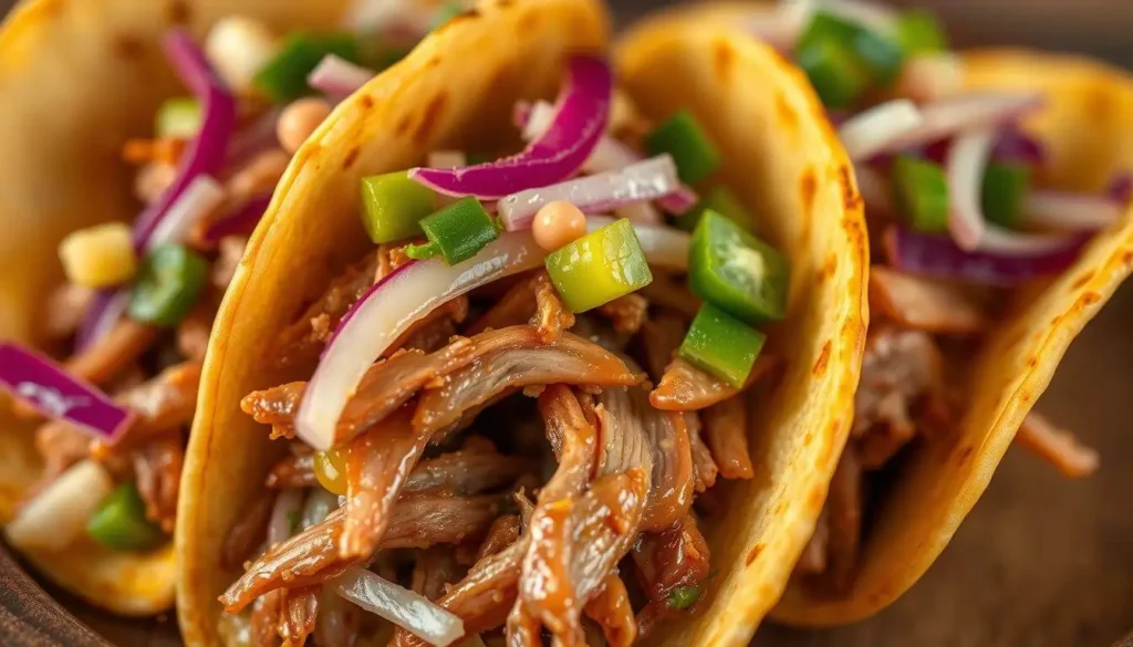 Korean pulled pork tacos Close-up of Korean-inspired pulled pork tacos garnished with green peppers, red onions, and a flavorful sauce.
