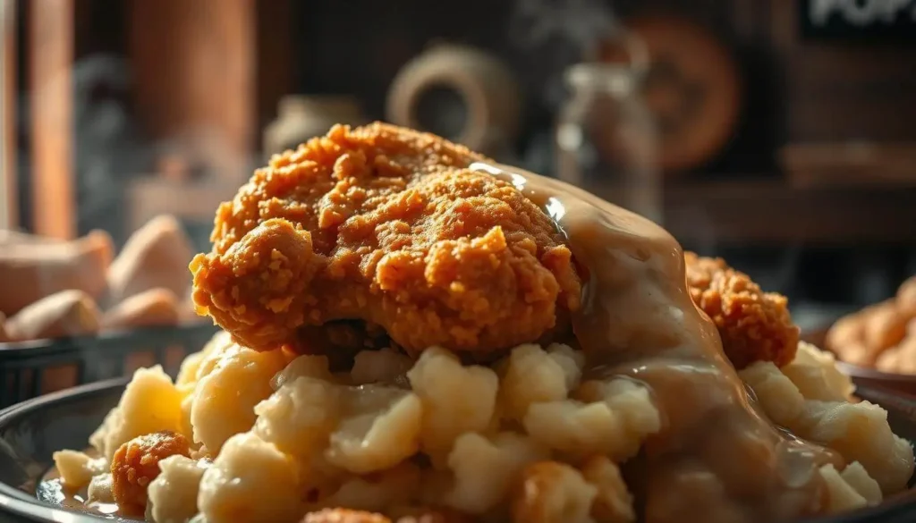 A plate of comfort food featuring crispy fried chicken on top of creamy mashed potatoes, drizzled with rich gravy.
