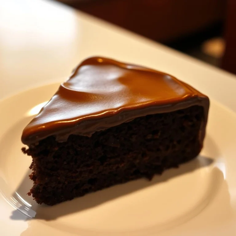 A slice of chocolate cake with a smooth, glossy chocolate frosting on a white plate.