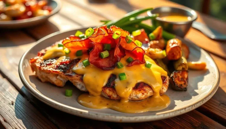 Plate of grilled chicken breast topped with melted cheese sauce, bacon strips, and green onions, served with roasted vegetables and green beans.