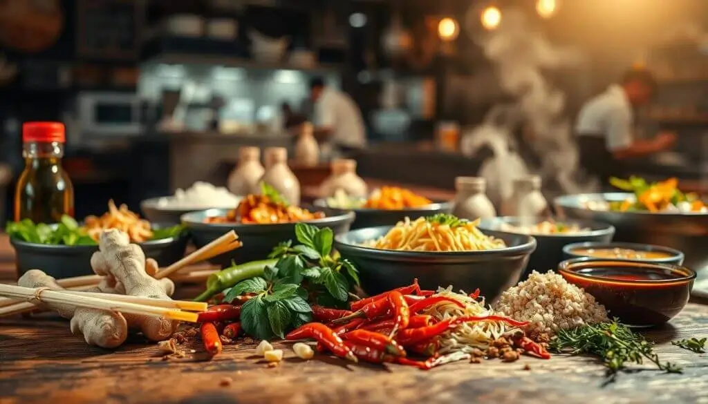 authentic asian flavors A variety of fresh ingredients and dishes on a wooden table in a busy kitchen.