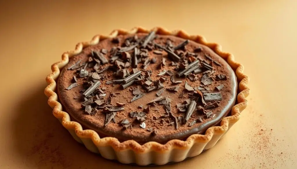 A close-up view of a Baileys pie with a creamy chocolate filling, topped with chocolate shavings, in a fluted pie crust.