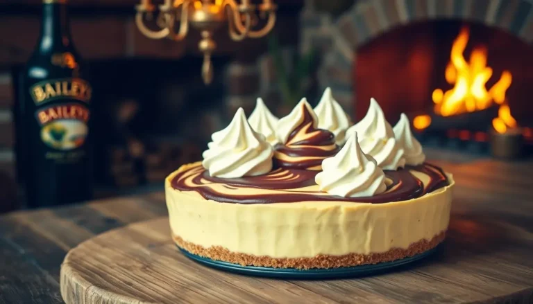 A Baileys pie topped with whipped cream swirls and chocolate drizzle, with a bottle of Baileys in the background and a cozy fireplace.