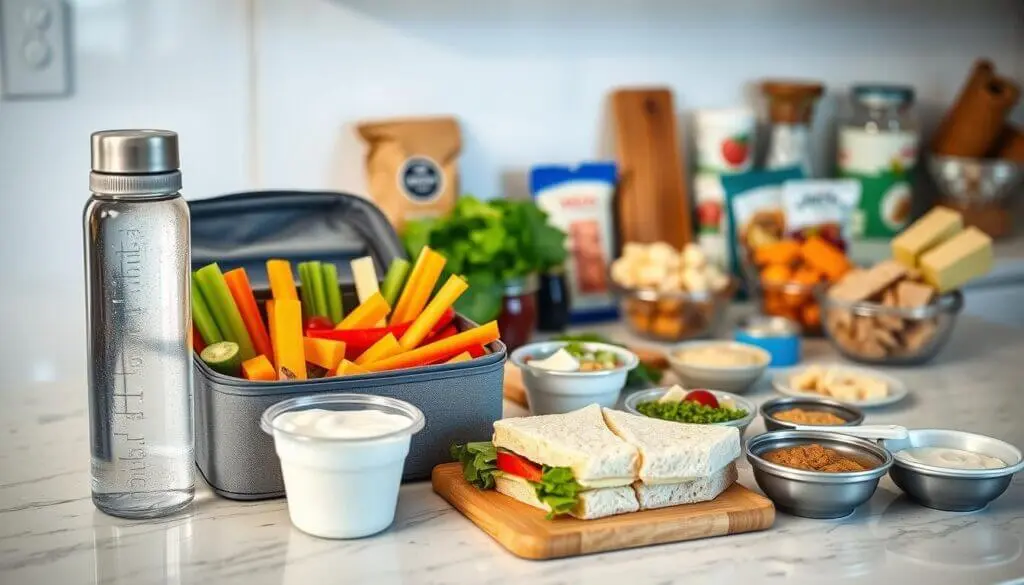 benefits of cold lunches A healthy lunch setup on a kitchen counter, featuring a water bottle, a lunchbox with vegetable sticks, a yogurt cup, and a variety of dips and sandwiches.