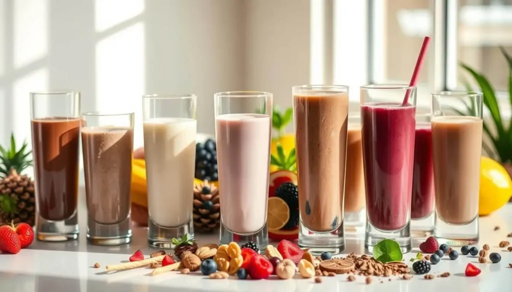 best meal replacement shakes A variety of meal replacement shakes in different flavors displayed in tall glasses, surrounded by fresh fruits, nuts, and other ingredients.