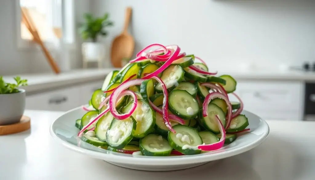 A plate of cucumber and red onion salad.