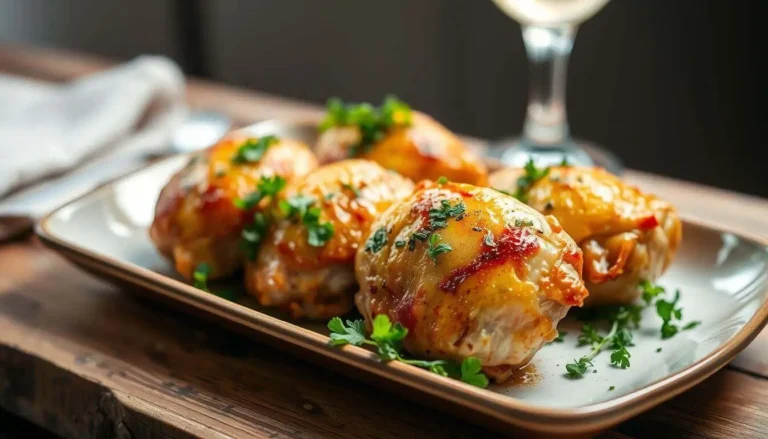 Cooked chicken thighs garnished with fresh parsley on a rectangular plate.