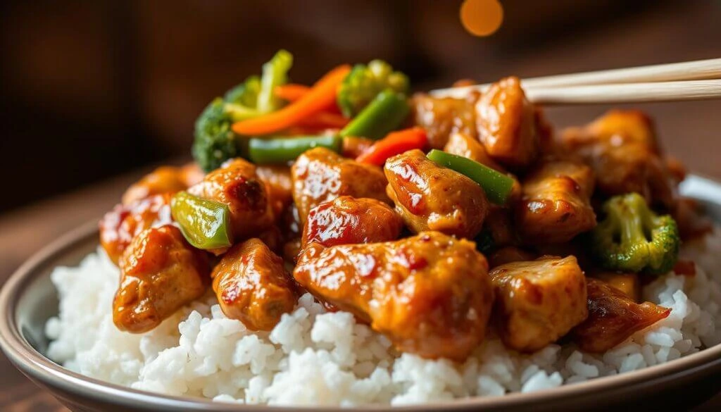 chicken dinner A plate of rice topped with saucy chicken and mixed vegetables, with chopsticks picking up a piece of chicken.