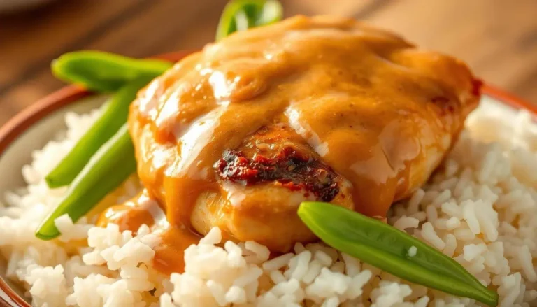 A close-up of a plate of food featuring a piece of chicken covered in a brown sauce, served on a bed of white rice with green beans.
