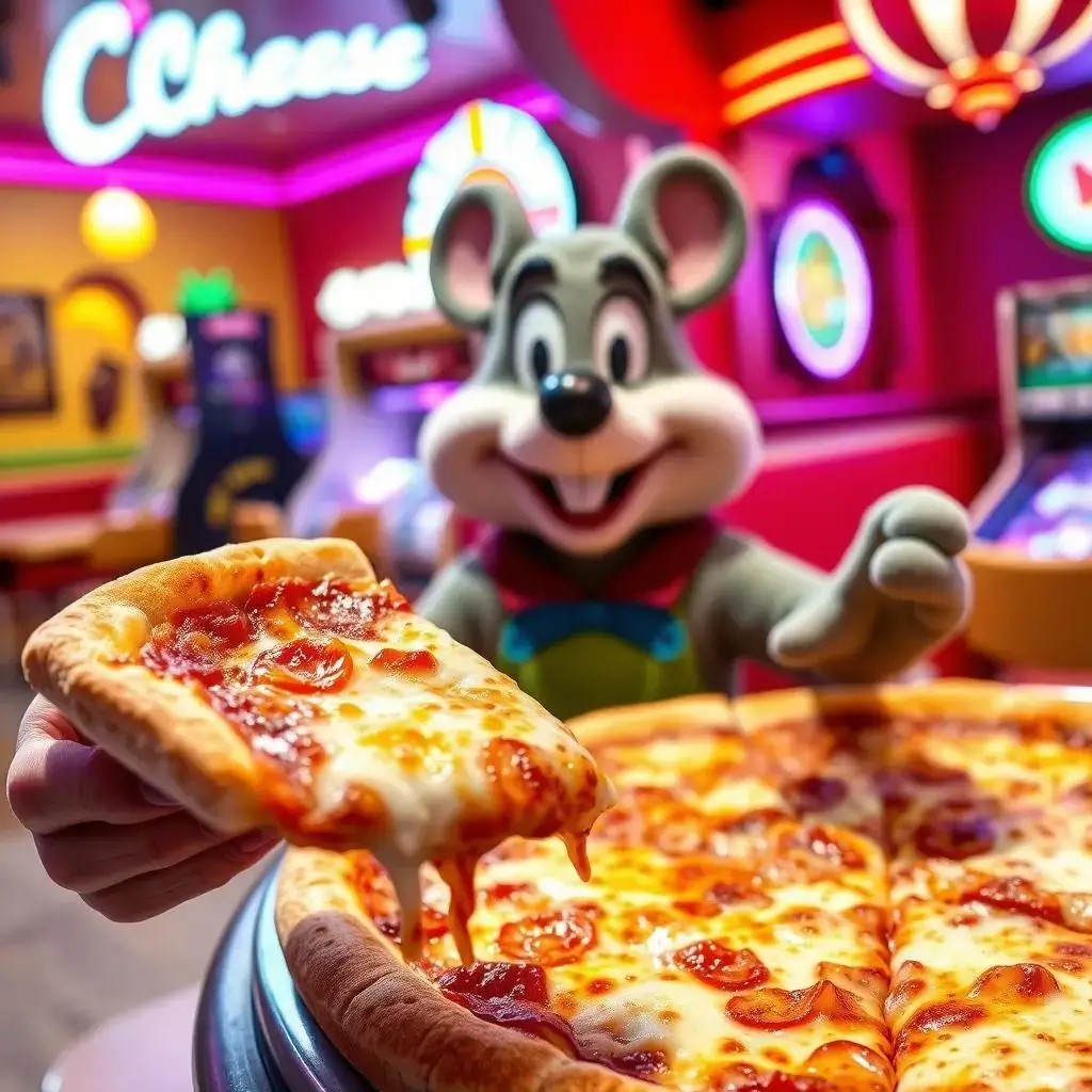 A slice of pepperoni pizza being held up in front of a larger pizza, with a Chuck E. Cheese mascot in the background.