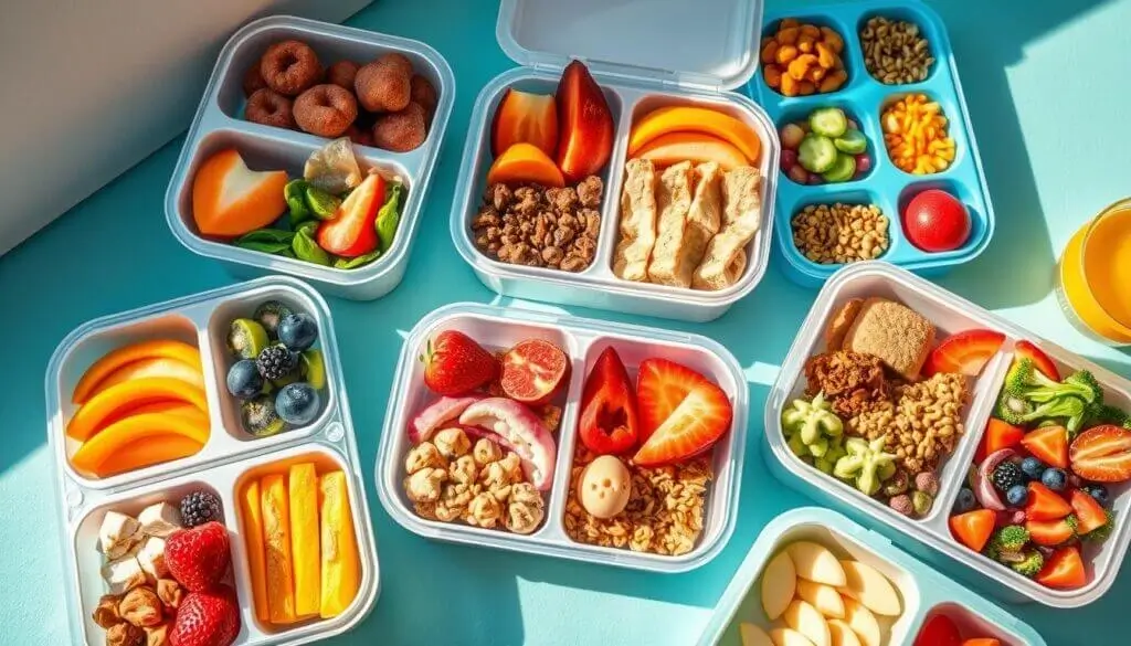 creative bento box ideas A variety of colorful and healthy cold lunch ideas filled with fruits, vegetables, and snacks