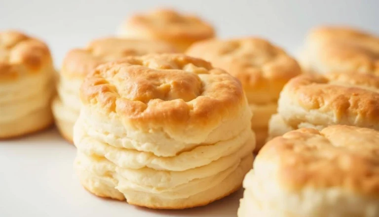 Close-up of freshly baked butter swim biscuits with a golden-brown top and flaky layers.