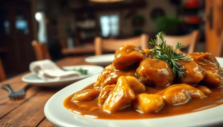 Plate of food with pieces of meat or poultry covered in glossy brown sauce, garnished with a sprig of fresh rosemary.