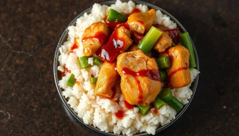 A bowl of white rice with pieces of cooked chicken, green vegetables, and drizzled red sauce.