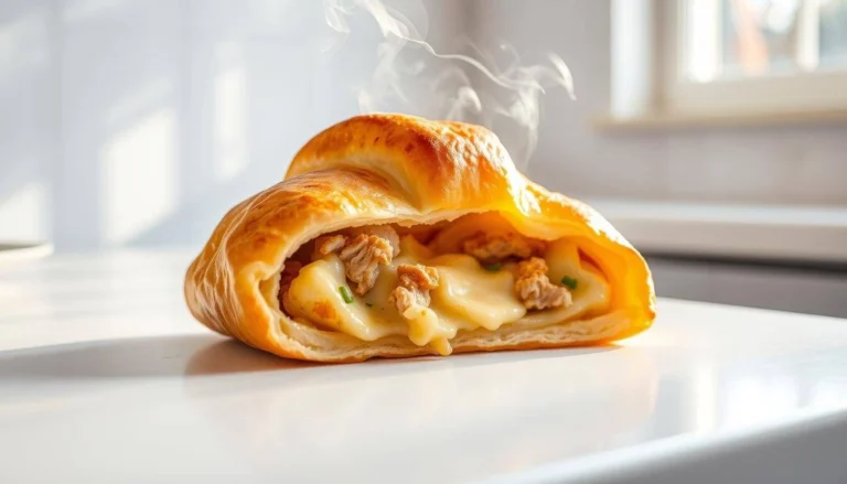 Freshly baked golden brown pastry filled with melted cheese and seasoned chicken pieces, placed on a white plate in a bright kitchen setting.