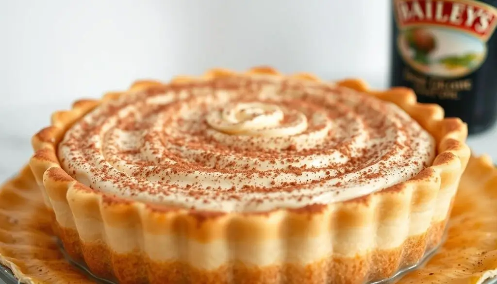 A creamy Baileys pie with a swirl of whipped topping and cocoa powder dusted on top, with a bottle of Baileys Irish Cream in the background.