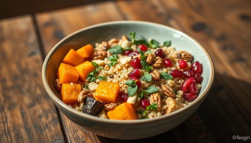 easy vegan lunch ideas A bowl of quinoa salad with roasted butternut squash, pomegranate seeds, pecans, and fresh herbs.
