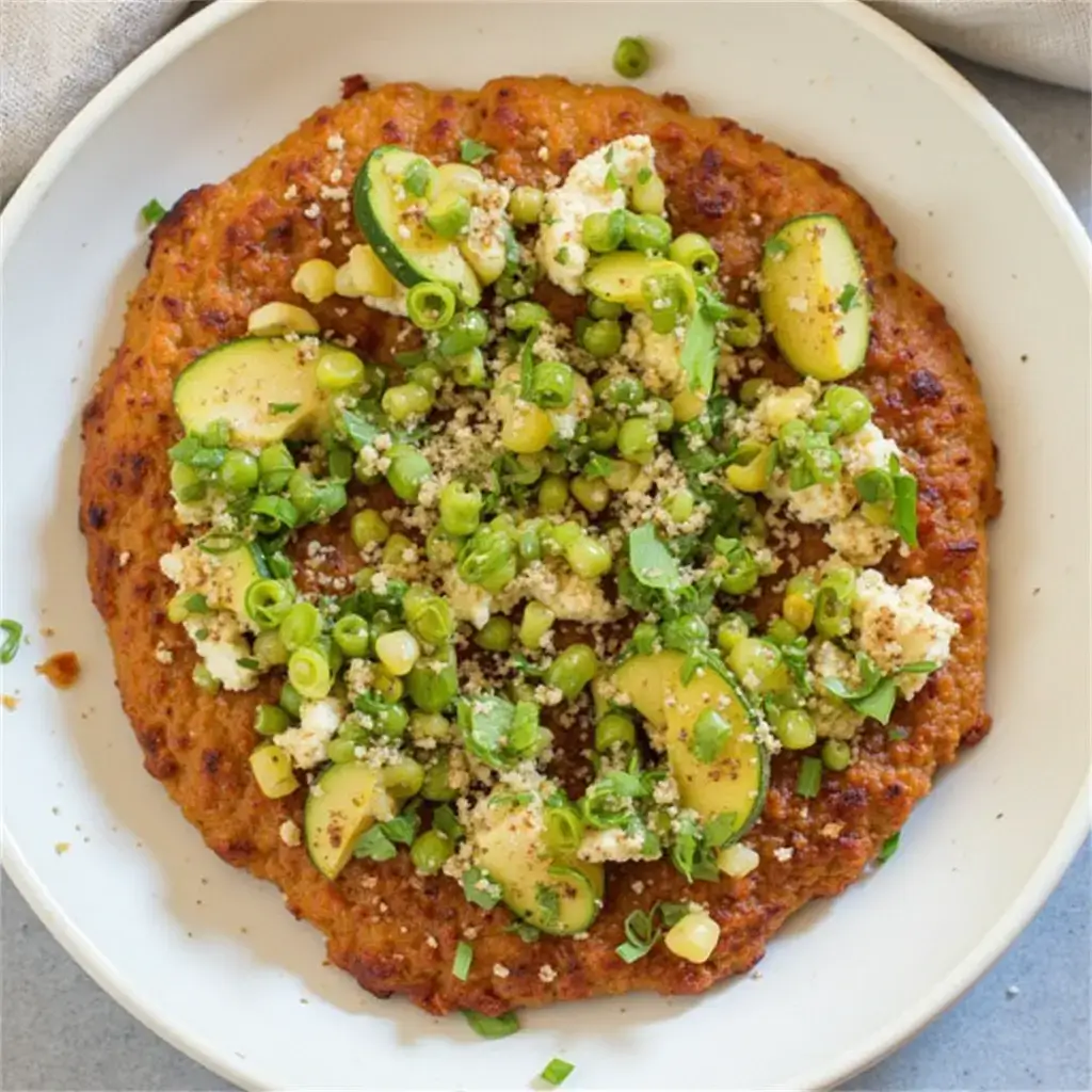 A gluten-free vegetable pizza topped with zucchini, peas, green onions, and crumbled cheese on a white plate.