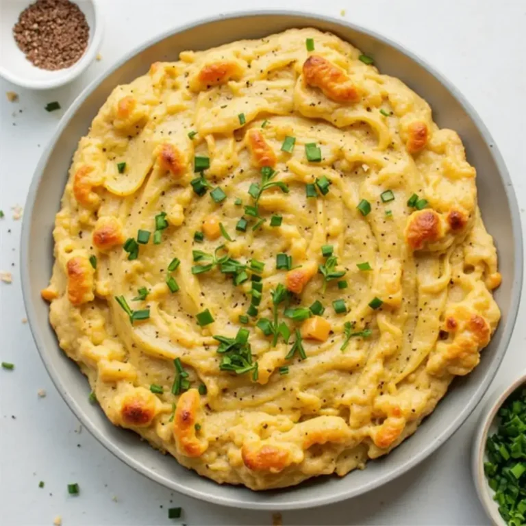 A bowl of baked mashed potatoes garnished with chopped chives.