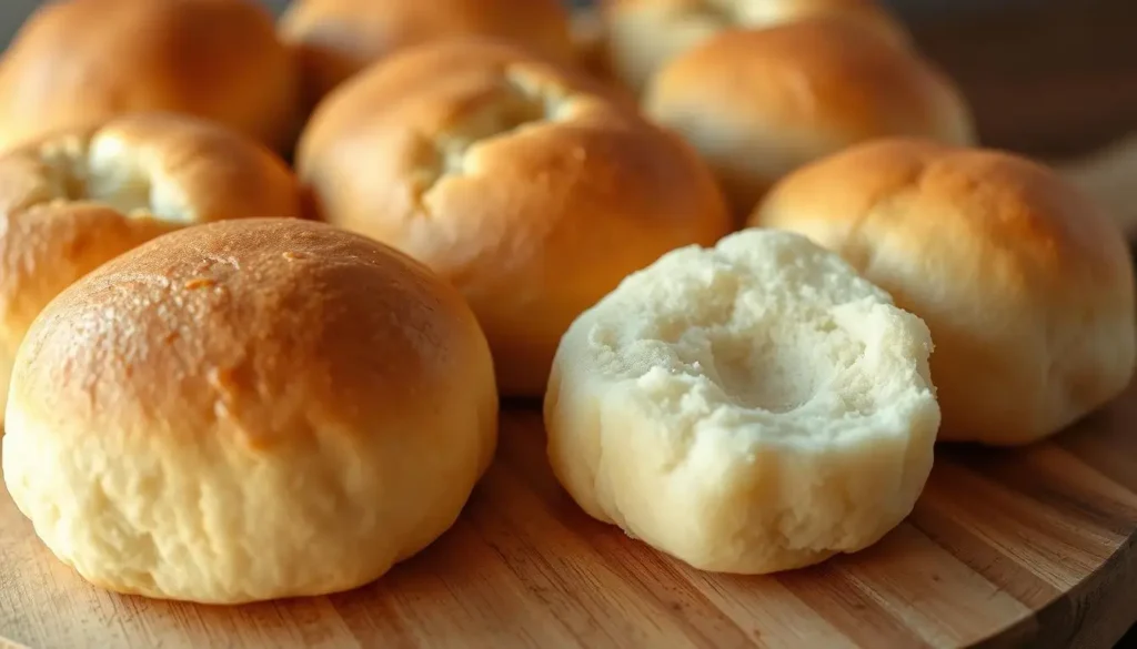 A close-up of several golden-brown dinner rolls on a wooden surface, with one roll partially torn open to reveal its soft, fluffy interior.
