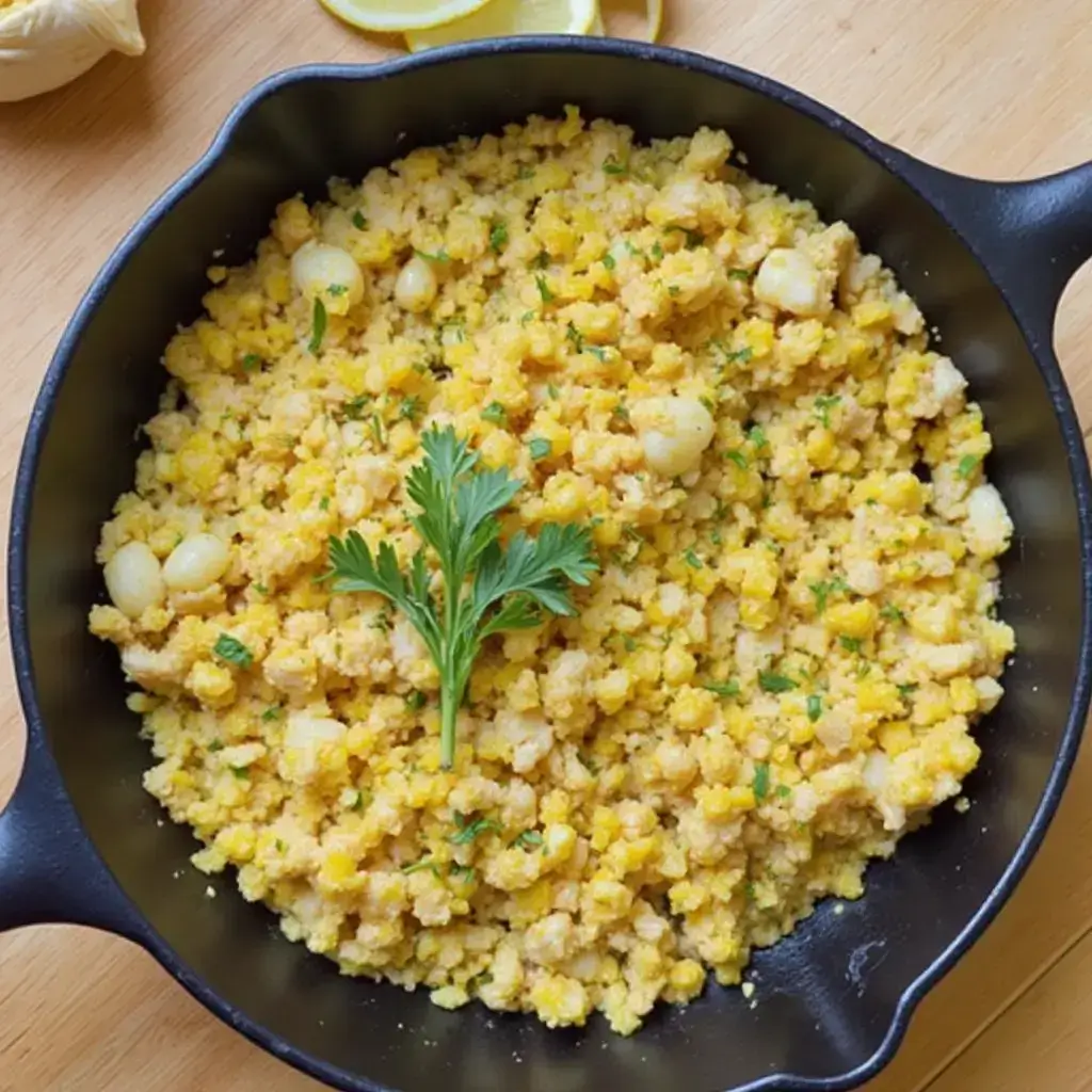 A skillet filled with a gluten-free dish made of crumbled yellow and white ingredients, garnished with a sprig of parsley.