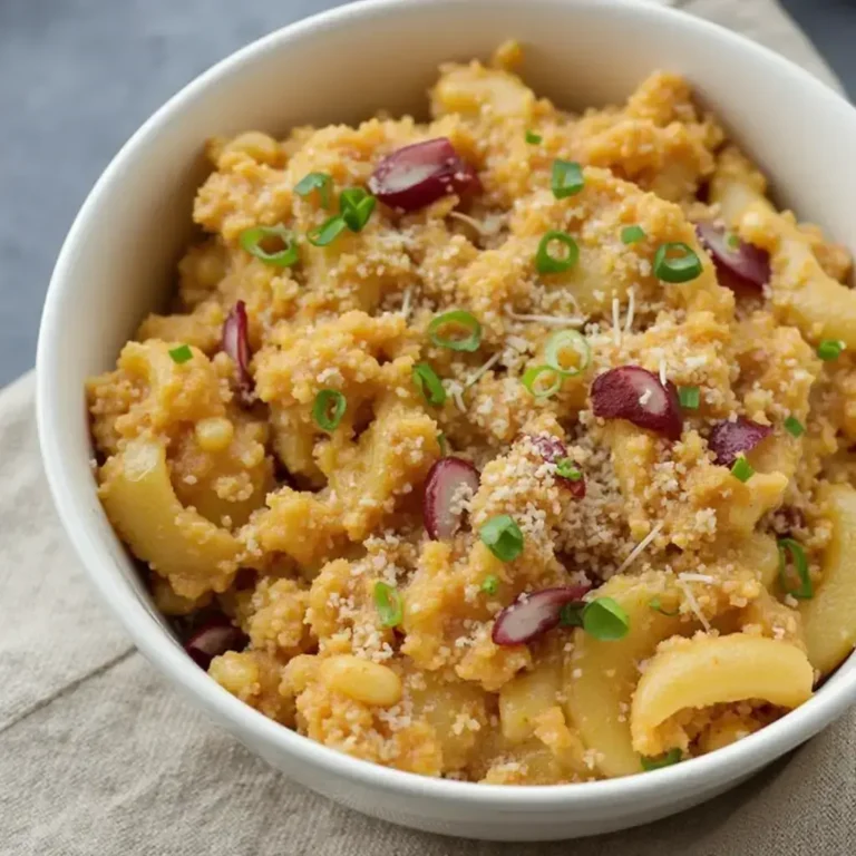 A bowl of gluten-free macaroni and cheese topped with sliced grapes, green onions, and grated cheese.