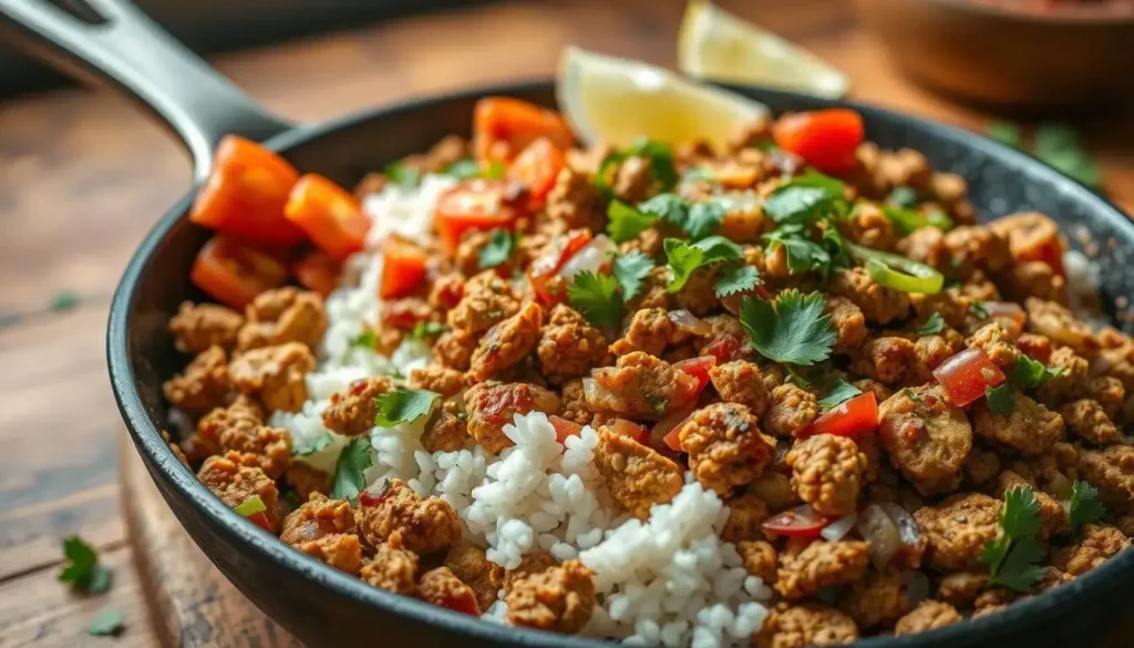 ground chicken taco skillet recipe A skillet filled with a colorful dish consisting of white rice, seasoned ground meat, diced tomatoes, cilantro, and lime wedges.