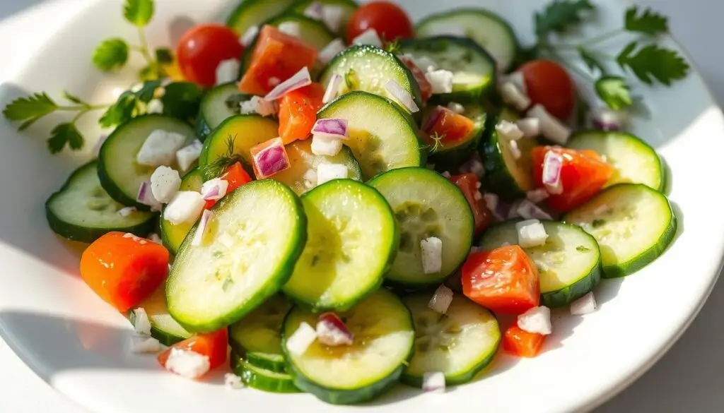 Fresh and colorful cucumber salad with cherry tomatoes, red onions, feta cheese, and herbs on a white plate.