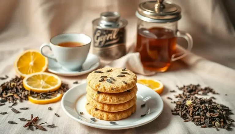 A plate of Earl Grey cookies with a cup of tea, lemon slices, and a jar of tea leaves.