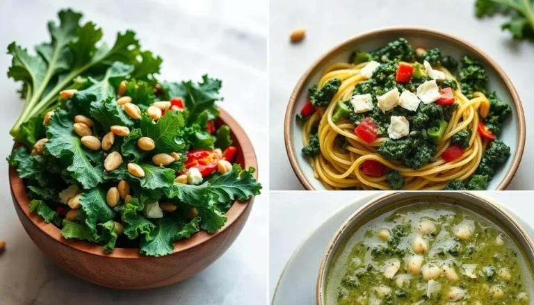A collage of three kale-based dishes: a kale salad with nuts and tomatoes, a pasta dish with kale, red peppers, and cheese, and a kale and chickpea soup.
