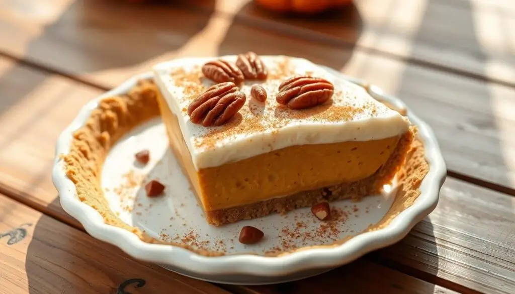 no-bake pumpkin pie desserts A slice of pumpkin pie topped with whipped cream and pecans in a white pie dish.