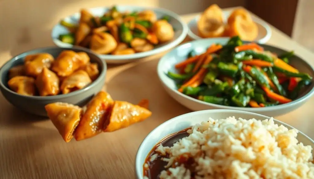 simple Asian dishes A variety of Asian dishes including rice, stir-fried vegetables, dumplings, and samosas arranged on a wooden table.