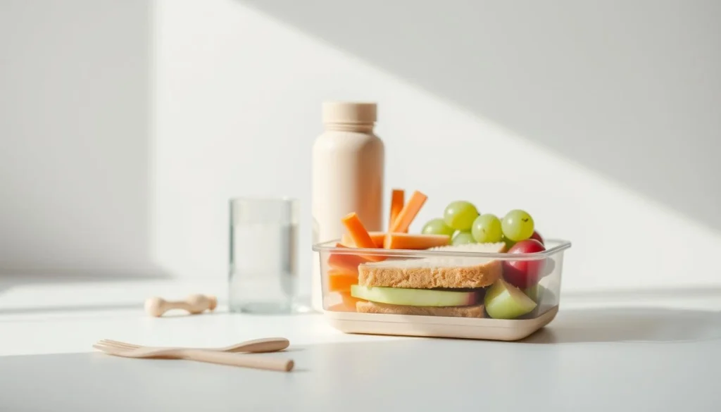 simple lunchbox ideas A healthy lunchbox with a sandwich, fresh fruits, and vegetables, along with a bottle of water on a white table.