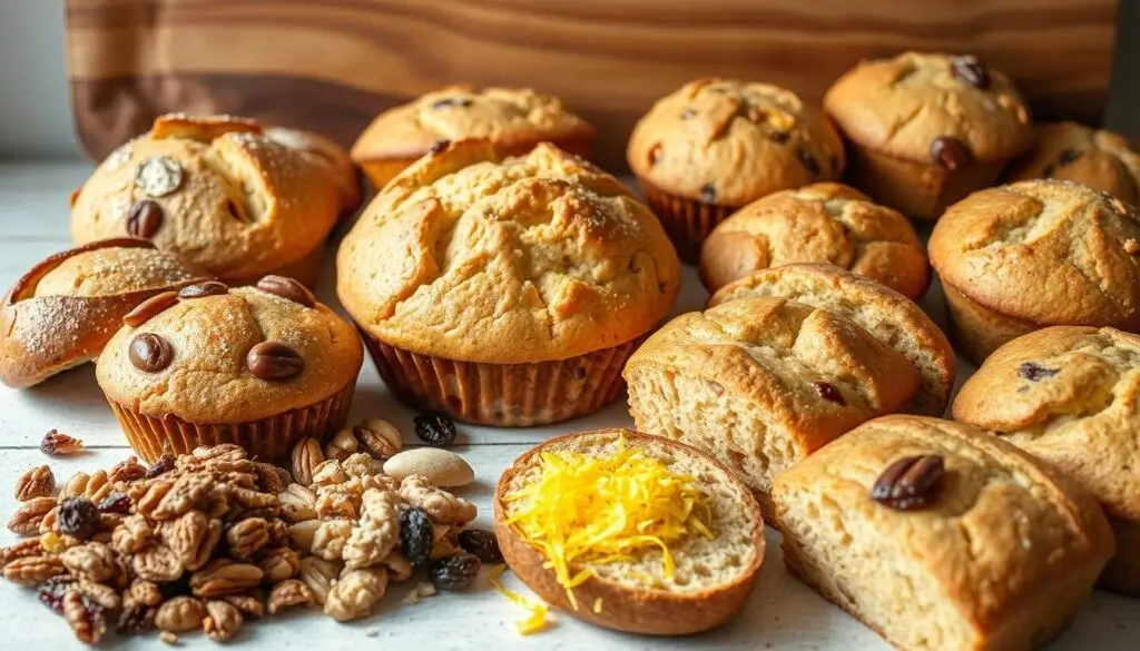 A variety of freshly baked muffins and bread rolls, some topped with nuts and dried fruits, displayed on a white surface with a wooden background. A mix of nuts and dried fruits is scattered in the foreground.