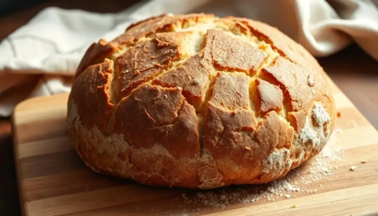 A freshly baked round loaf of sourdough bread with a golden-brown crust, sitting on a wooden cutting board.
